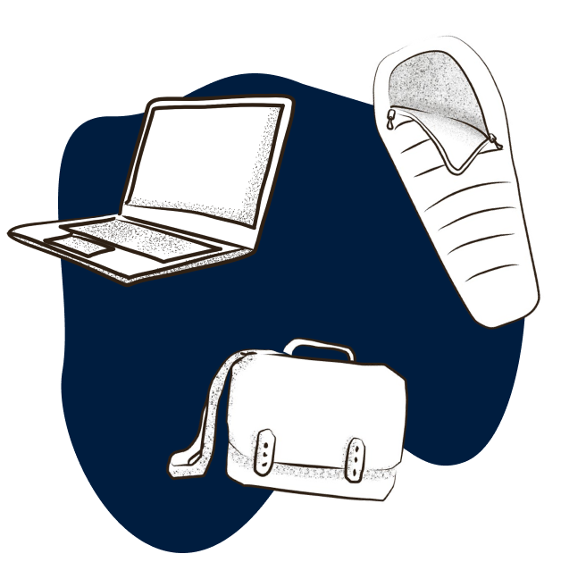 Grafik mit 3 Objekten: Laptop, Schultasche, Schlafsack